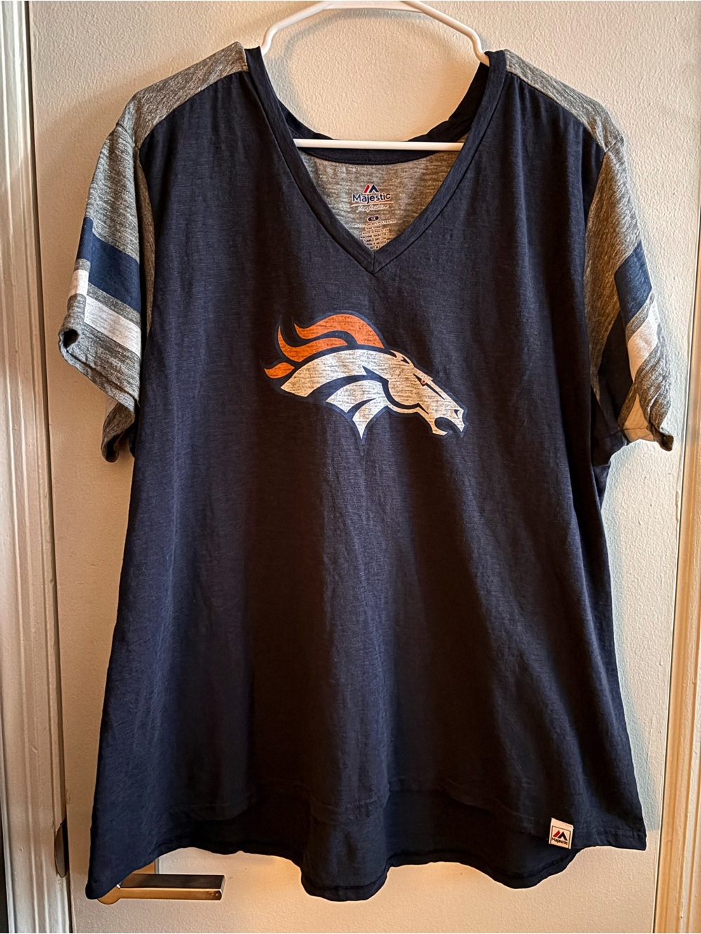 Majestic Navy V-Neck Broncos Logo Tee with Gray Raglan Sleeves